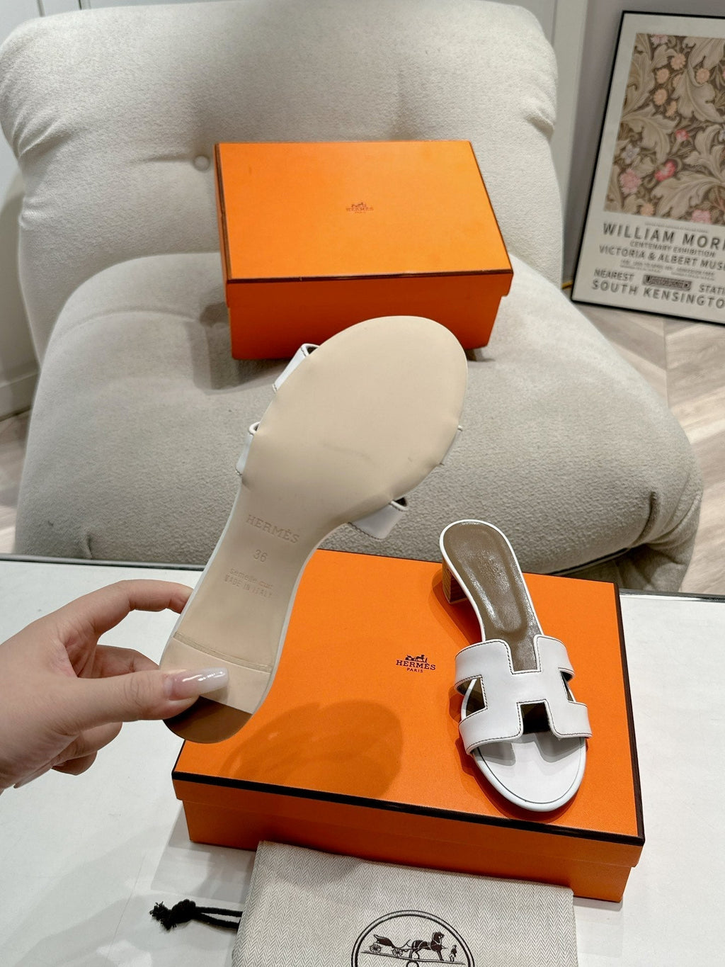 HERMES 0ASIS SANDAL WHITE MIX BROWN CALFSKIN CLASSIC