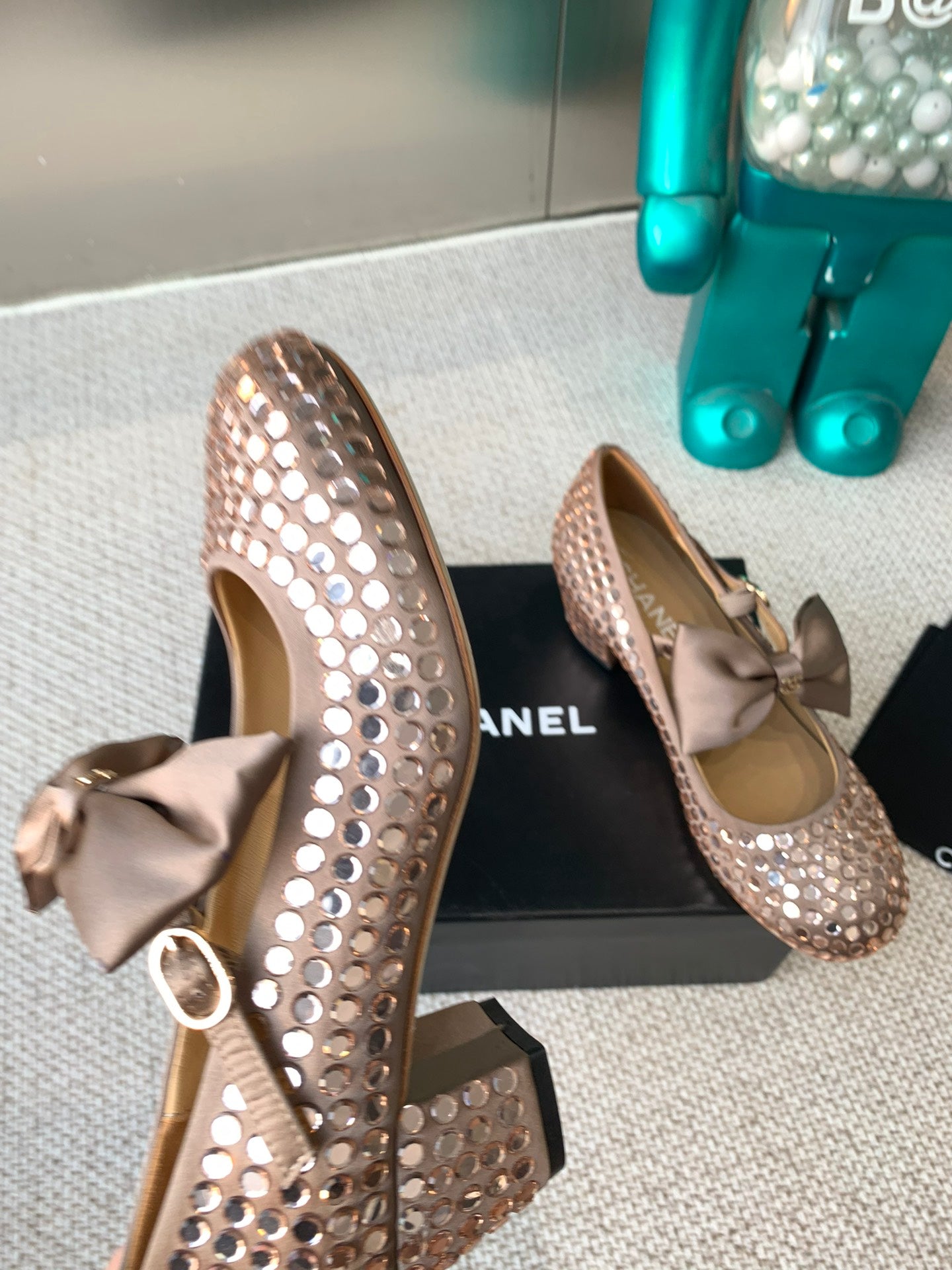 CHANEL MARY JANES SHOES IN COPPER SATIN WITH RHINESTONES