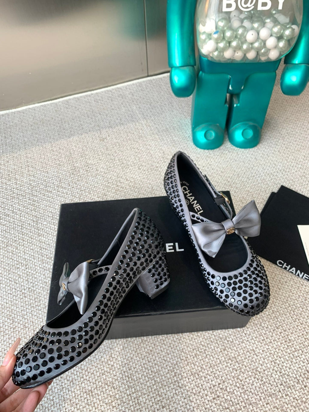 CHANEL MARY JANES SHOES IN STEEL GRAY SATIN WITH BLACK RHINESTONES