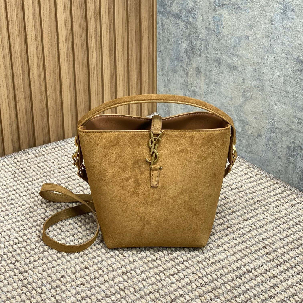 LE 37 SMALL BUCKET BAG 20 IN BROWN SUEDE GOLD HARDWARE