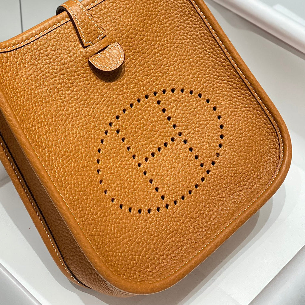 HERMES MINI NEO 18 EVELYNE BAG IN TAWNY BROWN GRAINED CALFSKIN