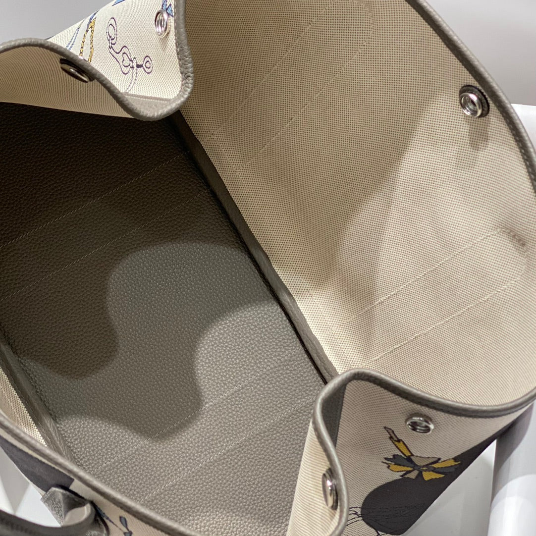 HERMES GARDEN PARTY 36 IN IVORY YELLOW BLUE TOILE H CANVAS ETOUPE CALFSKIN EQUESTRIAN HARNESS PRINT