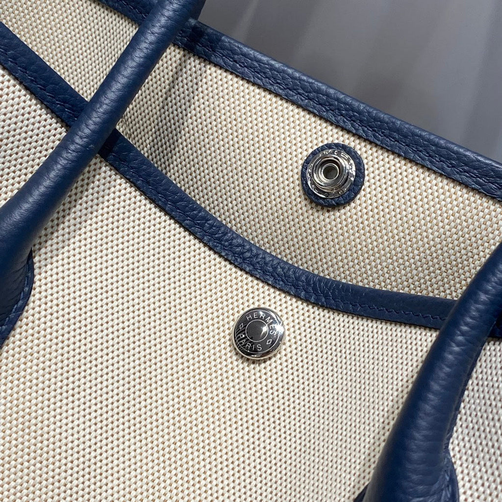 HERMES GARDEN PARTY 36 IN NAVY CREAM TOILE H CANVAS BLUE MARINE CALFSKIN ABSTRACT BEAR FACE PRINT