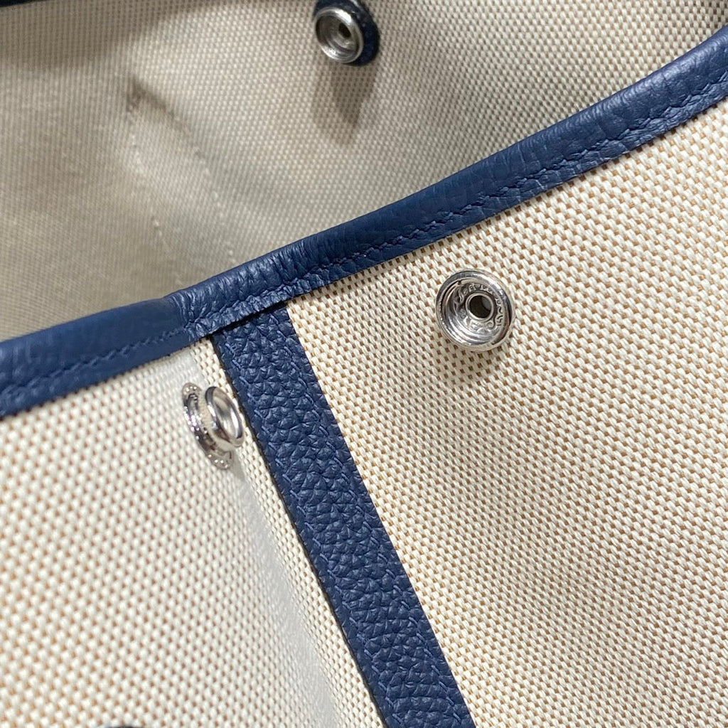 HERMES GARDEN PARTY 36 IN NAVY CREAM TOILE H CANVAS BLUE MARINE CALFSKIN ABSTRACT BEAR FACE PRINT