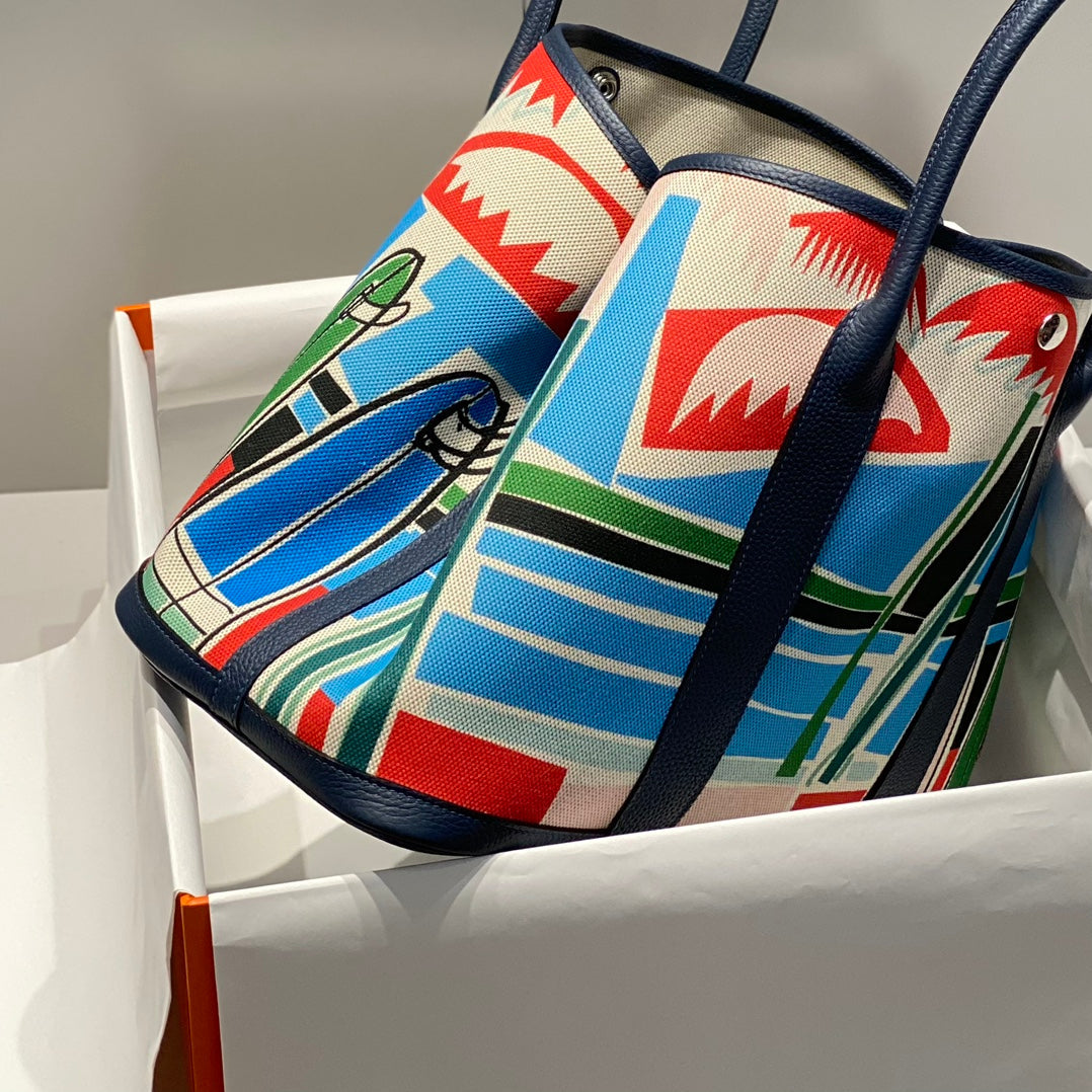 HERMES GARDEN PARTY 36 IN MULTICOLOR TOILE H CANVAS BLUE NAVY CALFSKIN TROPICAL ABSTRACT LANDSCAPE PRINT