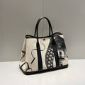 HERMES GARDEN PARTY 36 IN BEIGE AND BLACK TOILE H CANVAS BLACK CALFSKIN HORSE TACK SKETCH PRINT