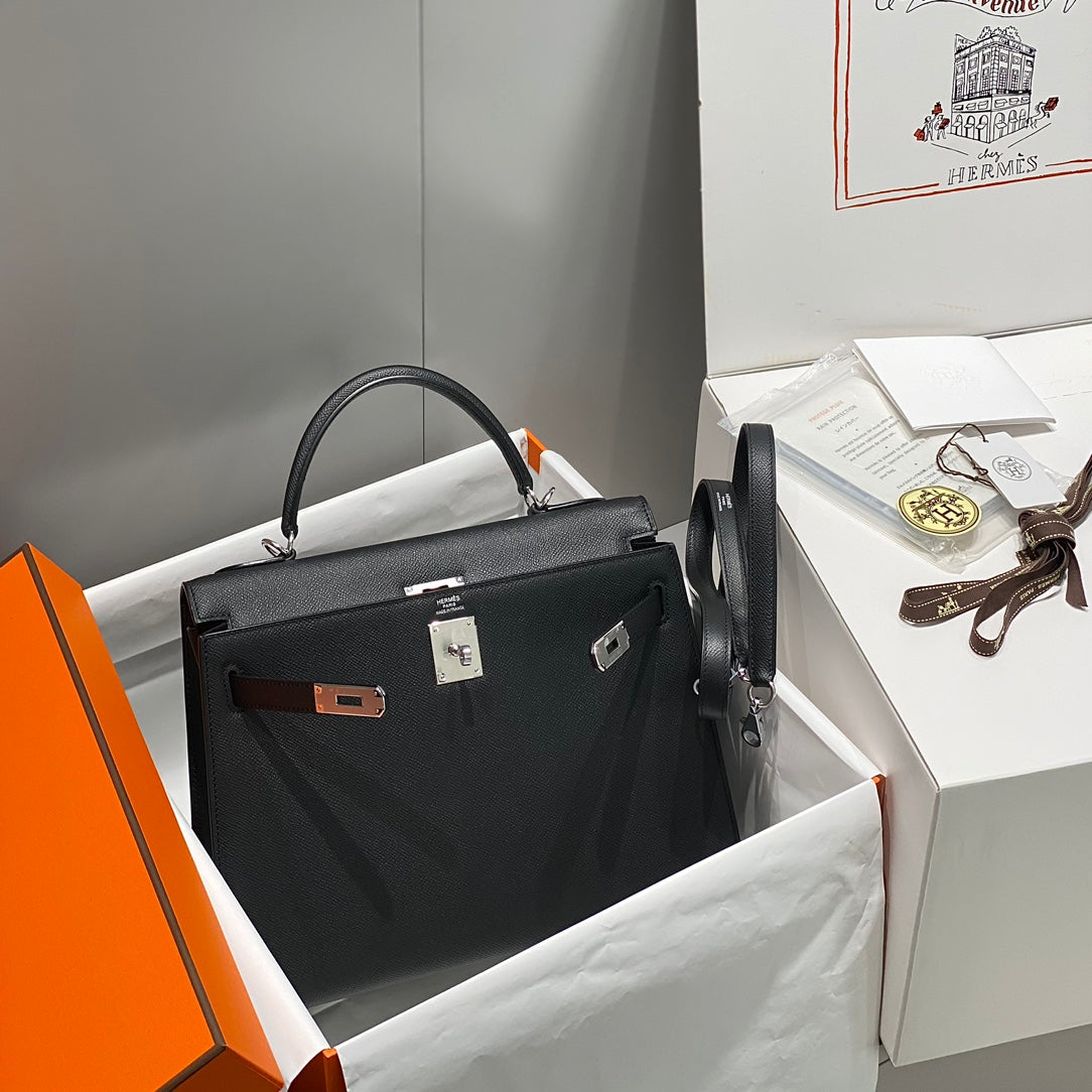 HERMES KELLY 32CM IN NOIR EPSOM CALFSKIN PALLADIUM HARDWARE