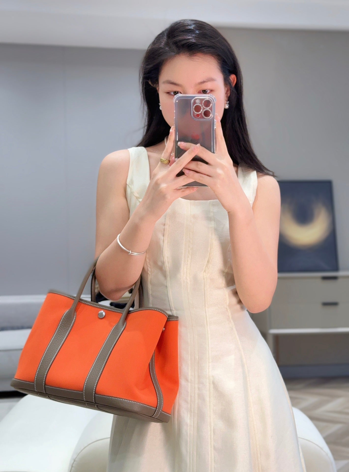 HERMES GARDEN PARTY 30CM IN ORANGE MINIMUM TOILETS COTTON CANVAS AND BROWN CALFSKIN
