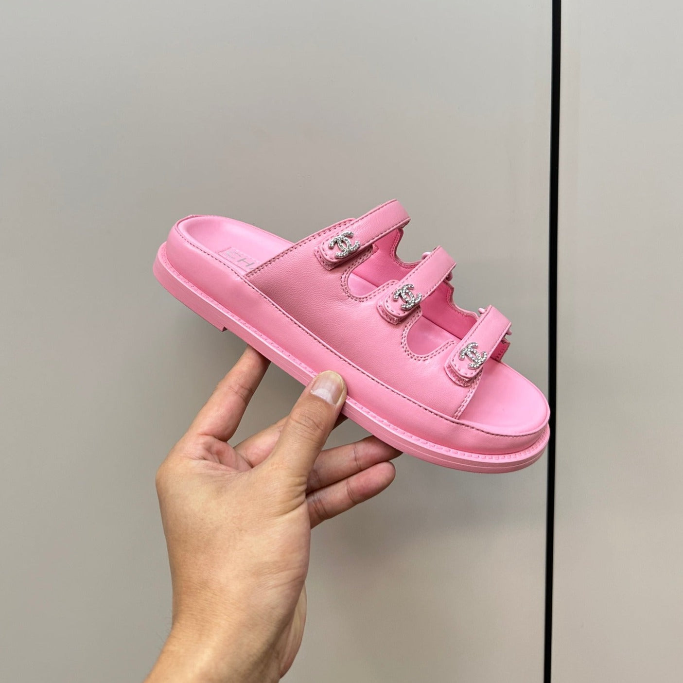 CHANEL dad sandals pink 3 rows lambskin mules