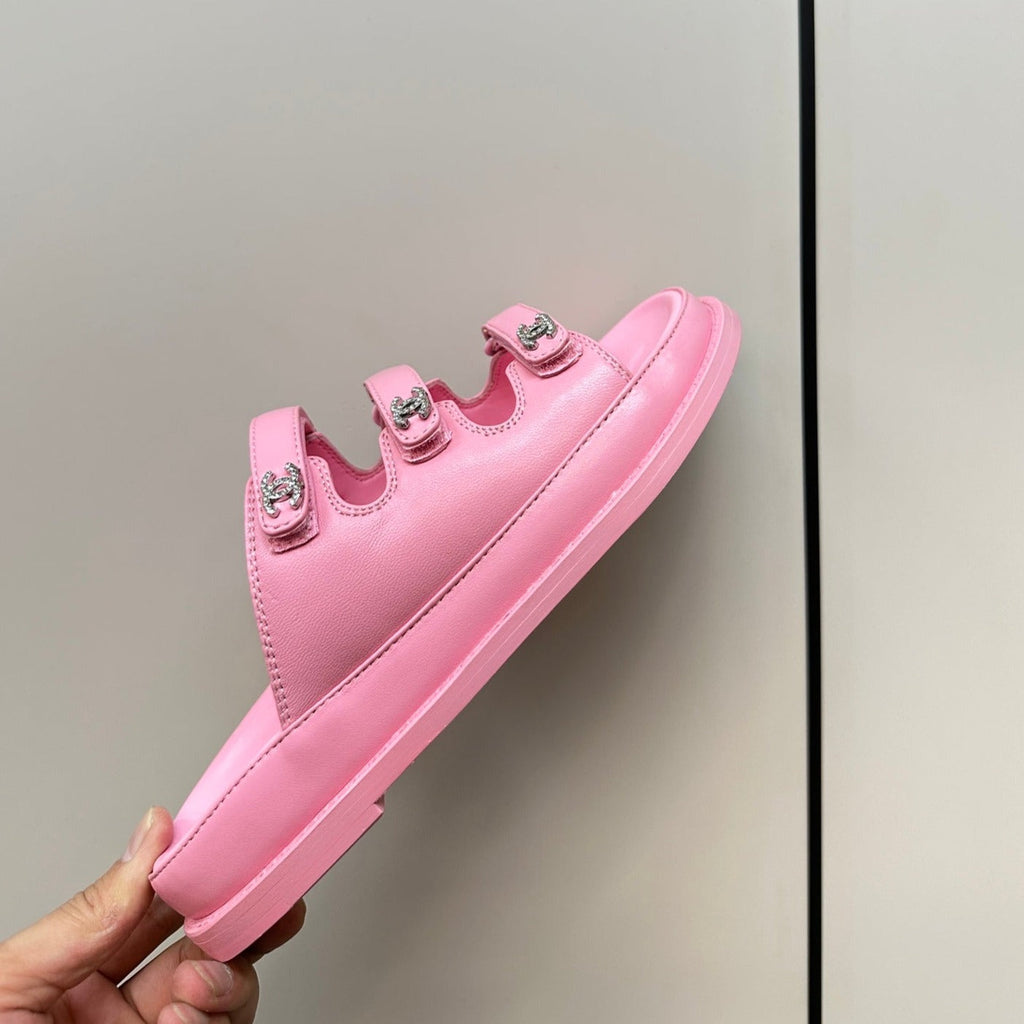 CHANEL dad sandals pink 3 rows lambskin mules