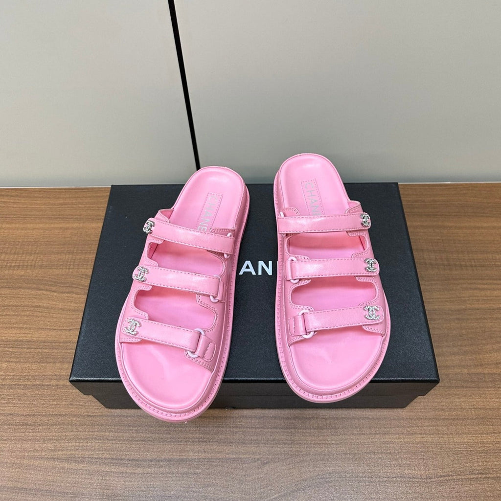 CHANEL dad sandals pink 3 rows lambskin mules