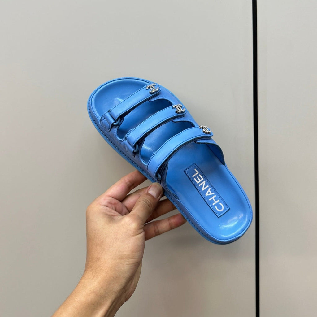 CHANEL dad sandals dodger blue 3 rows lambskin mules