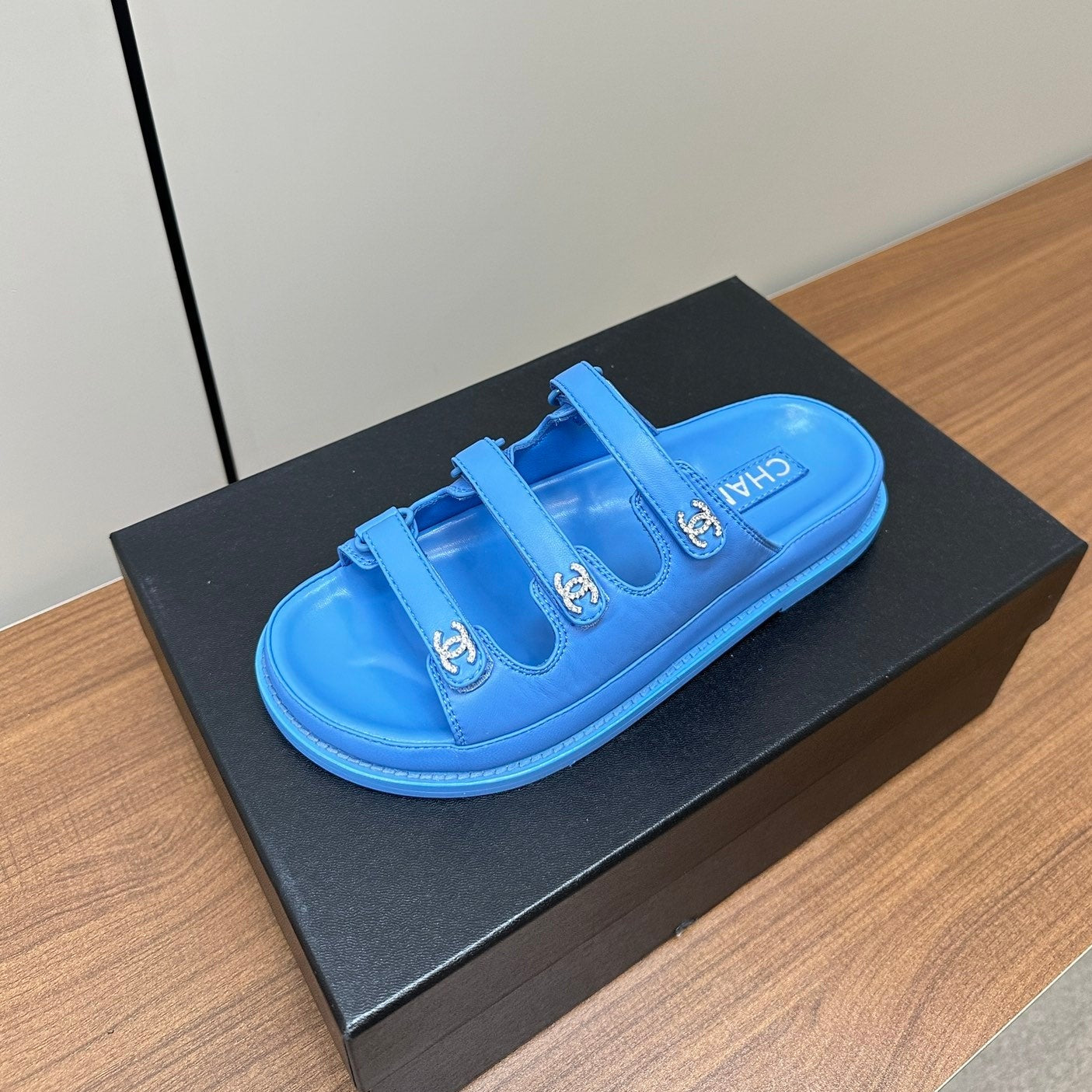 CHANEL dad sandals dodger blue 3 rows lambskin mules