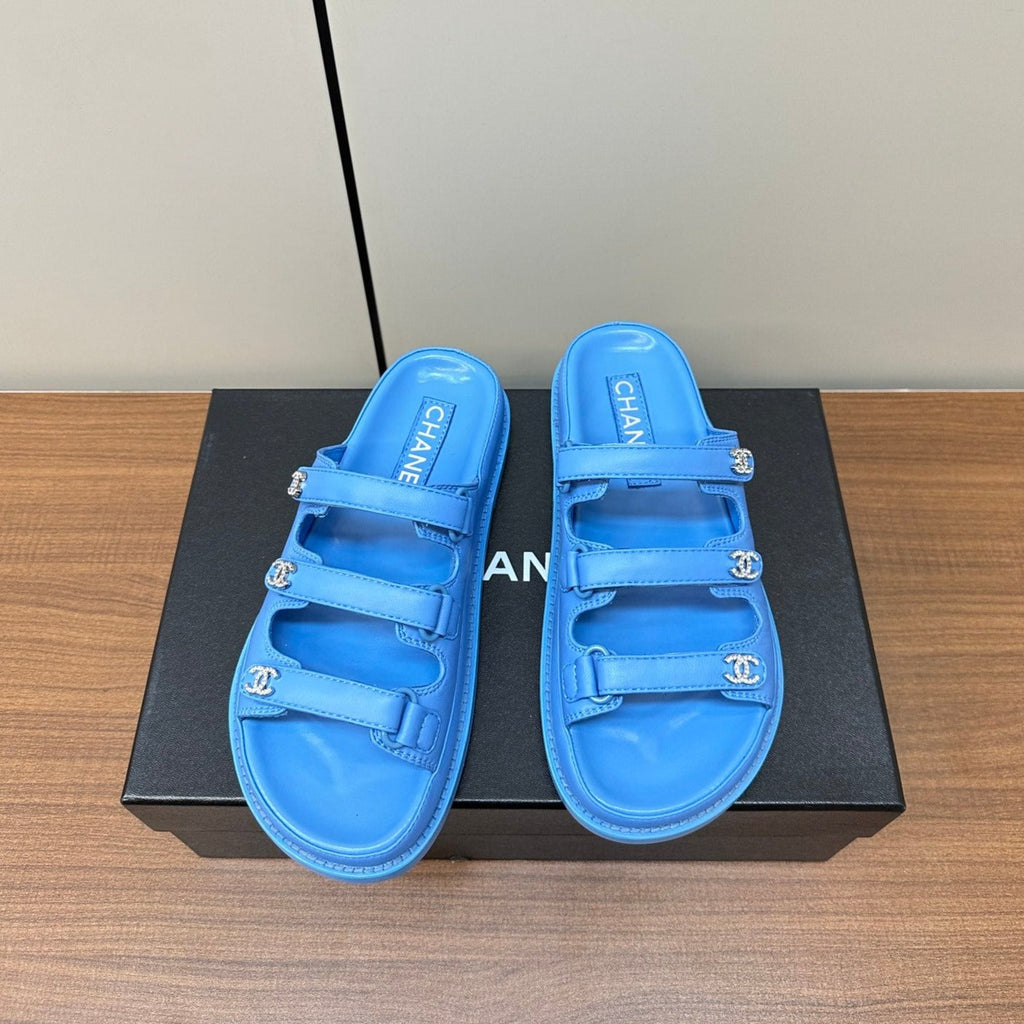 CHANEL dad sandals dodger blue 3 rows lambskin mules