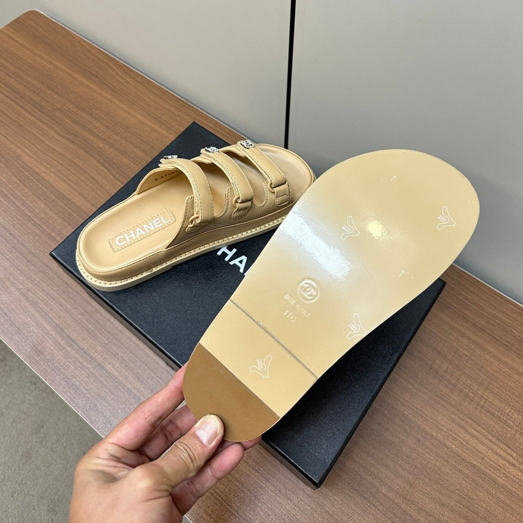 CHANEL dad sandals cream 3 rows lambskin mules