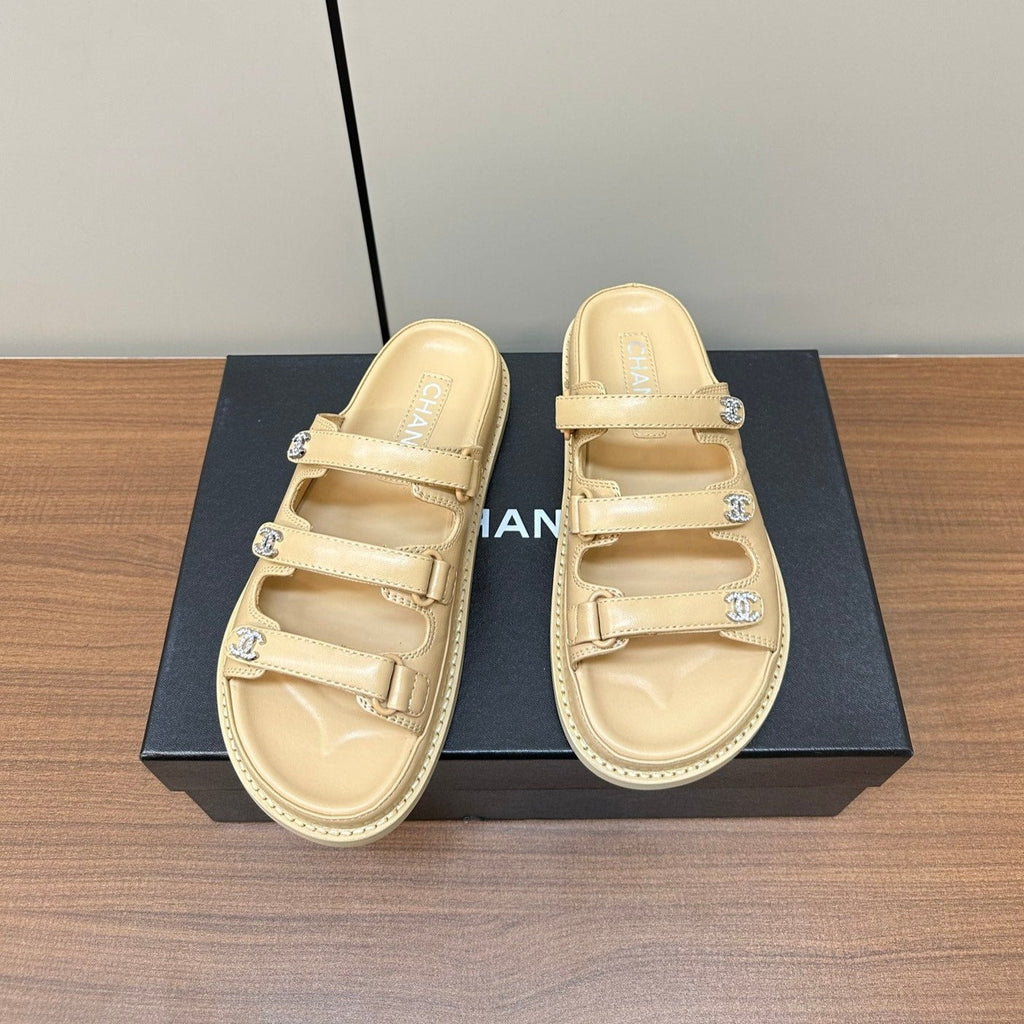 CHANEL dad sandals cream 3 rows lambskin mules