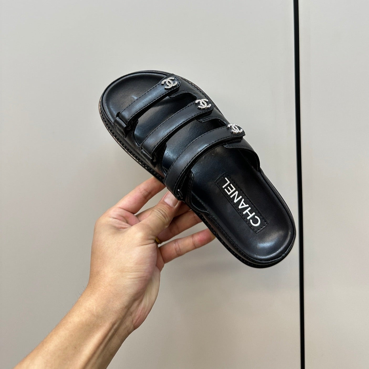 CHANEL dad sandals black 3 rows lambskin mules