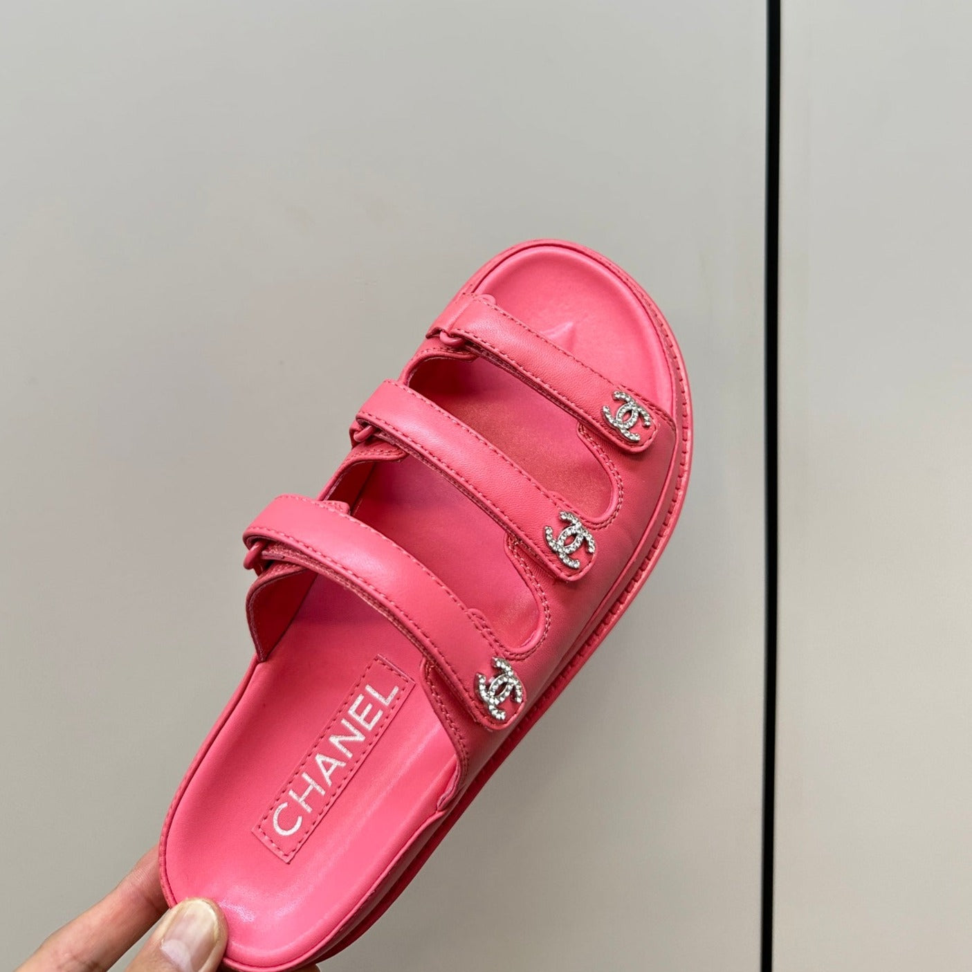 CHANEL dad sandals pink 1 3 rows lambskin mules