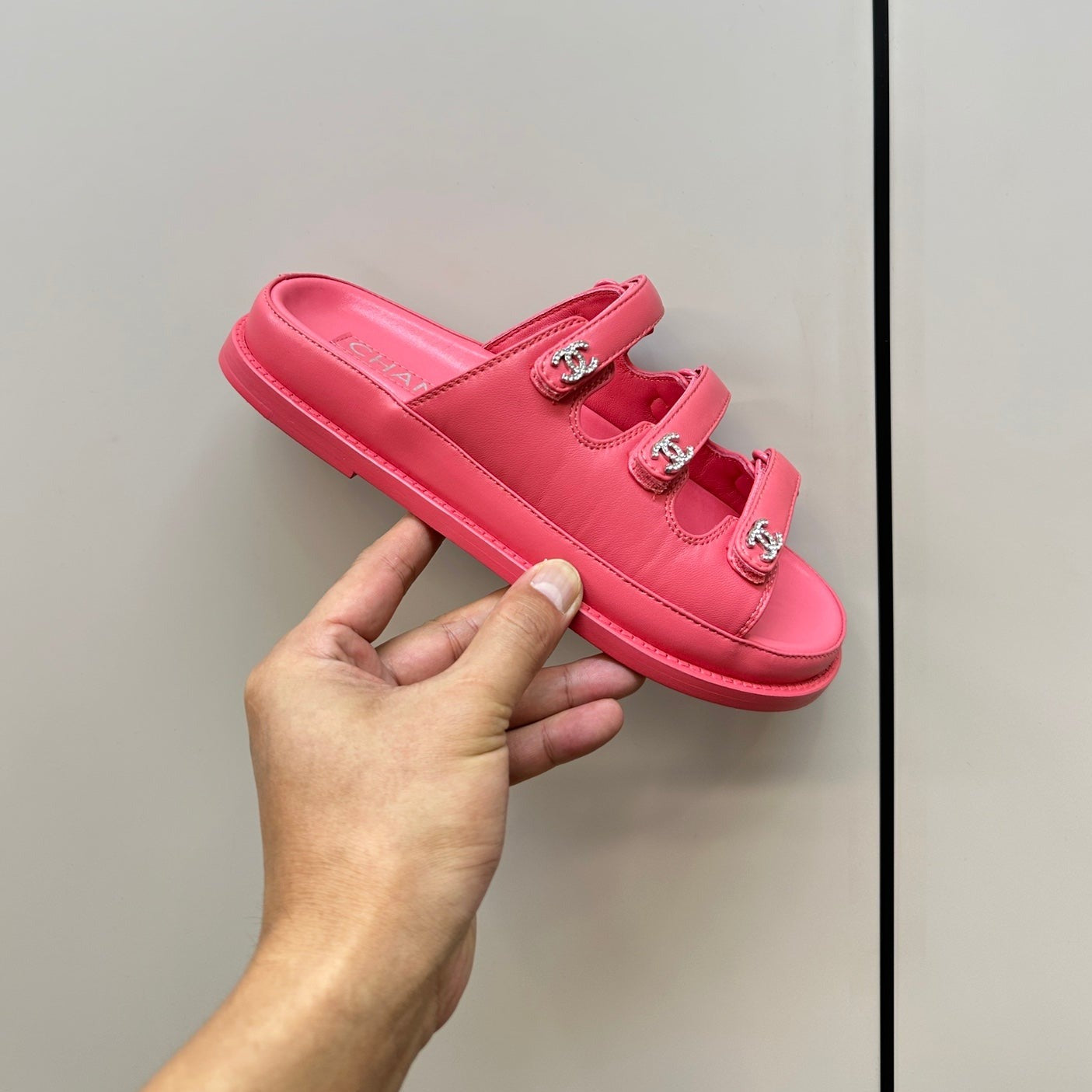 CHANEL dad sandals pink 1 3 rows lambskin mules
