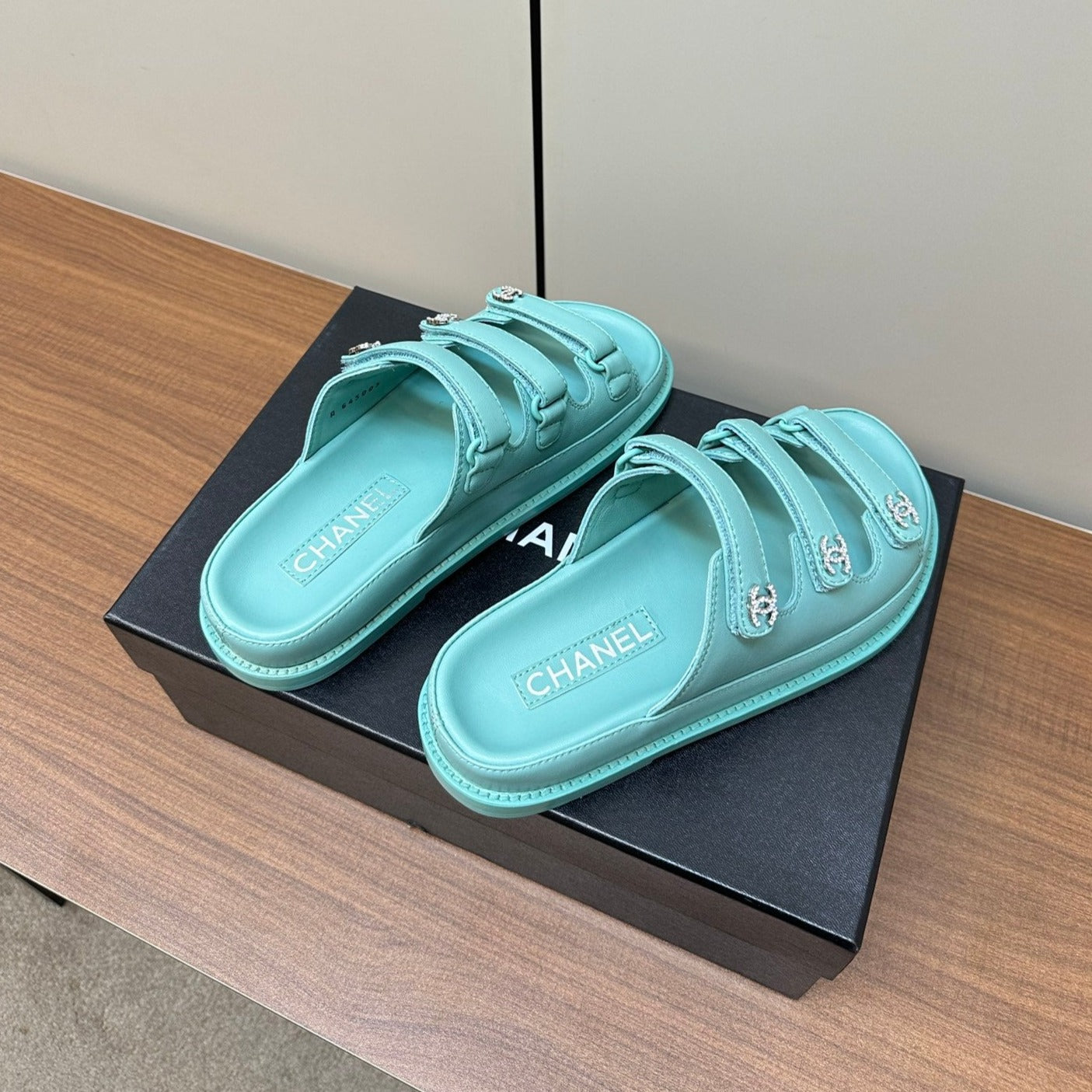 CHANEL dad sandals skye blue 3 rows lambskin mules