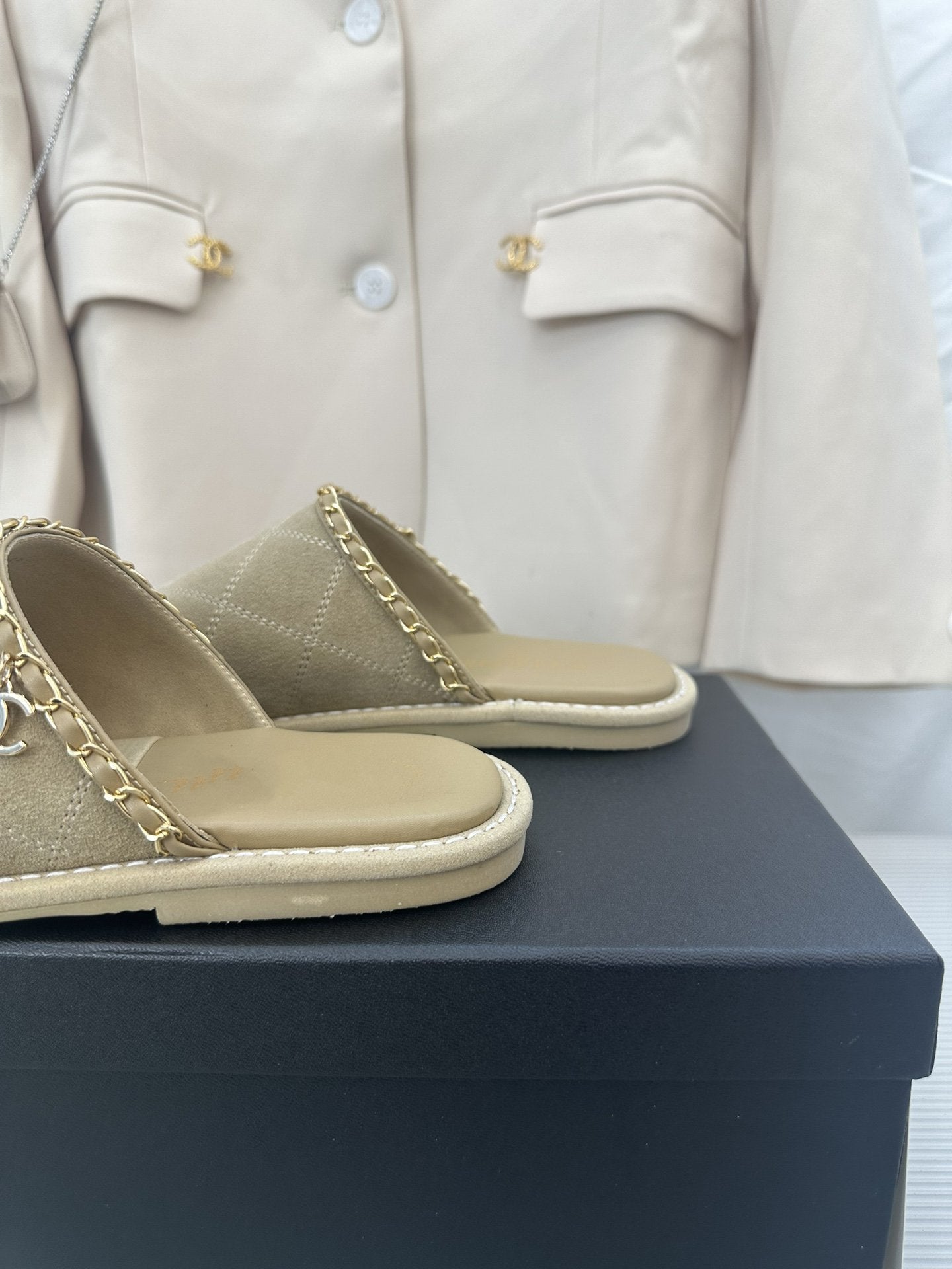CHANEL Khaki Green Suede Gold Chain Mules