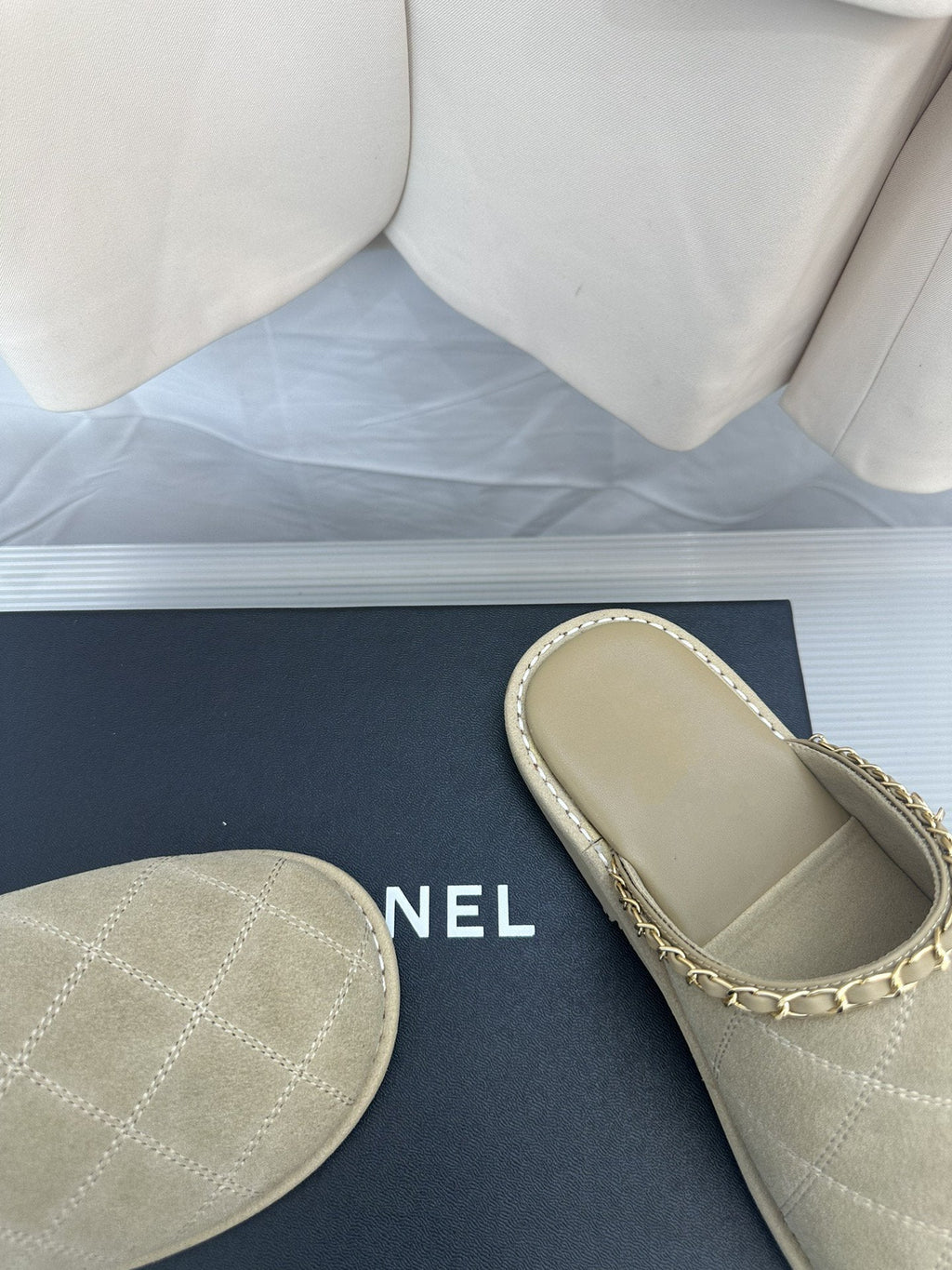 CHANEL Khaki Green Suede Gold Chain Mules