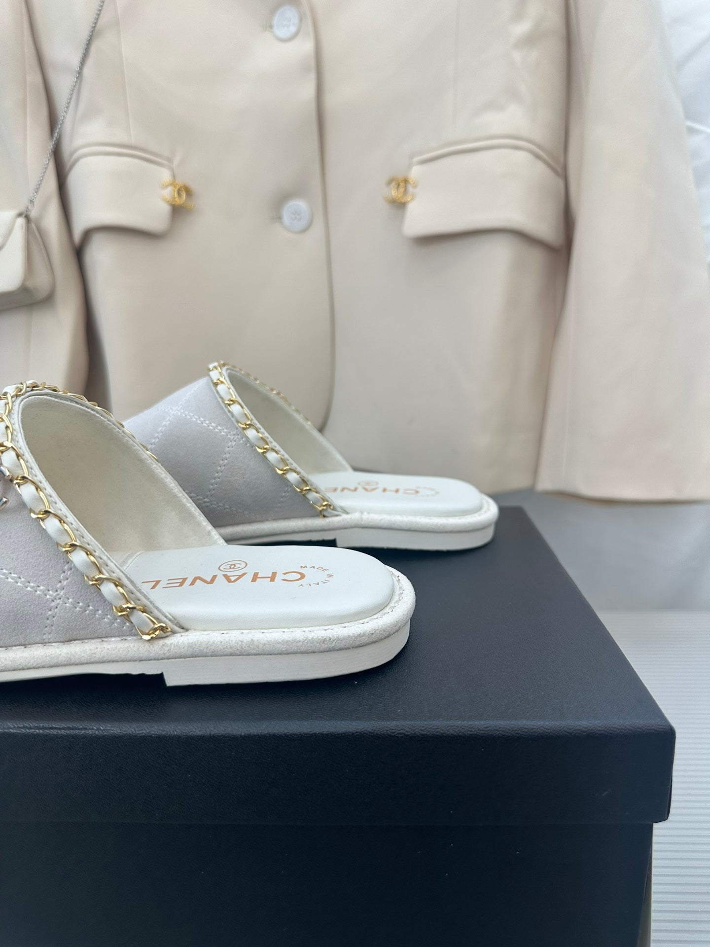 CHANEL White Suede Gold Chain Mules