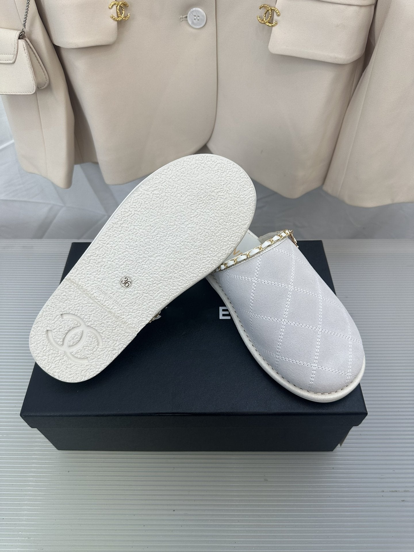 CHANEL White Suede Gold Chain Mules