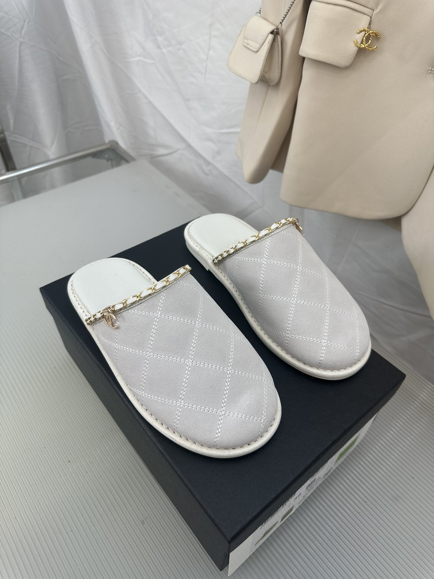 CHANEL White Suede Gold Chain Mules
