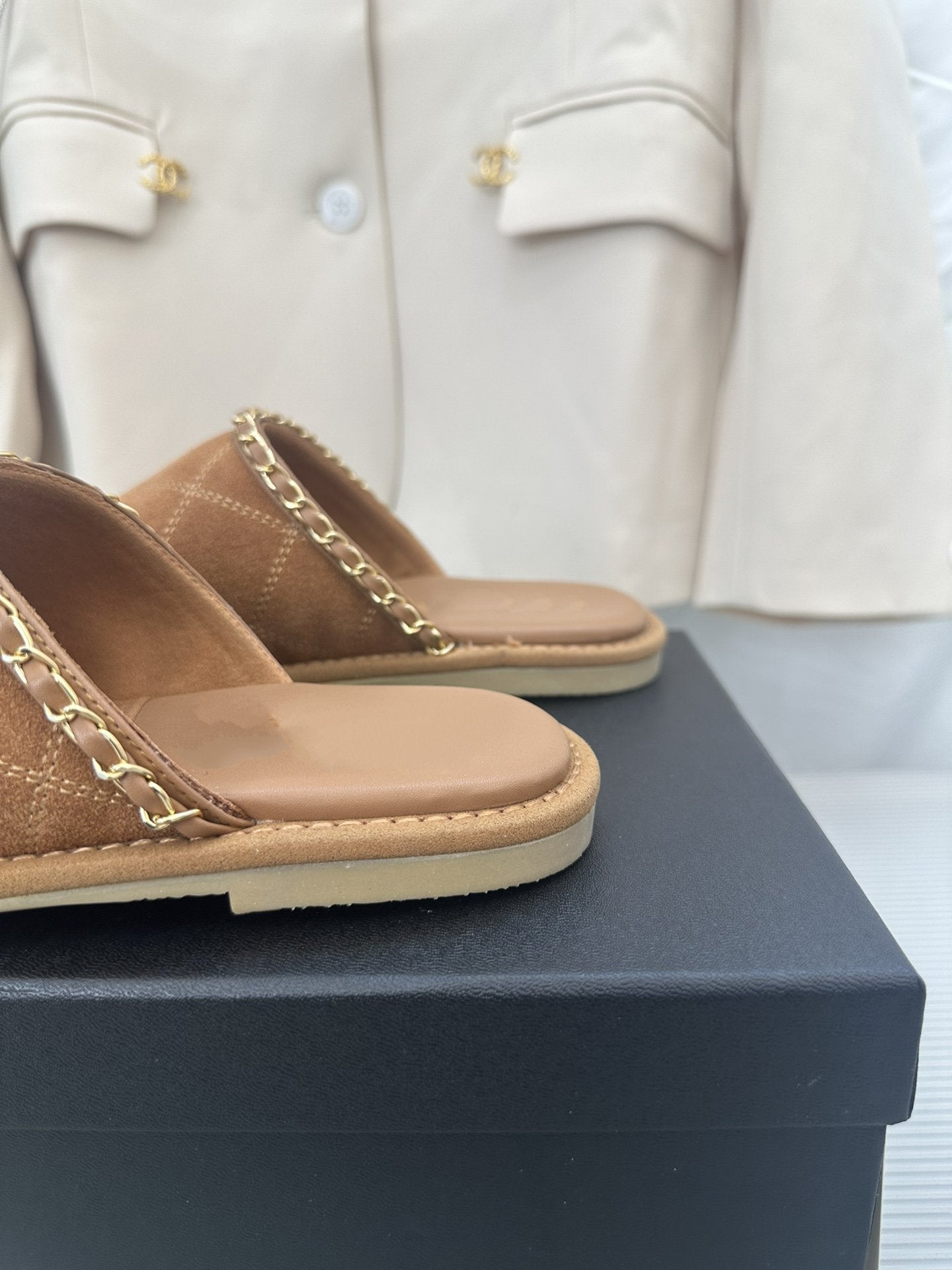 CHANEL Brown Suede Gold Chain Mules
