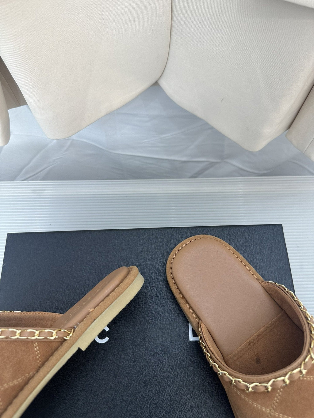 CHANEL Brown Suede Gold Chain Mules