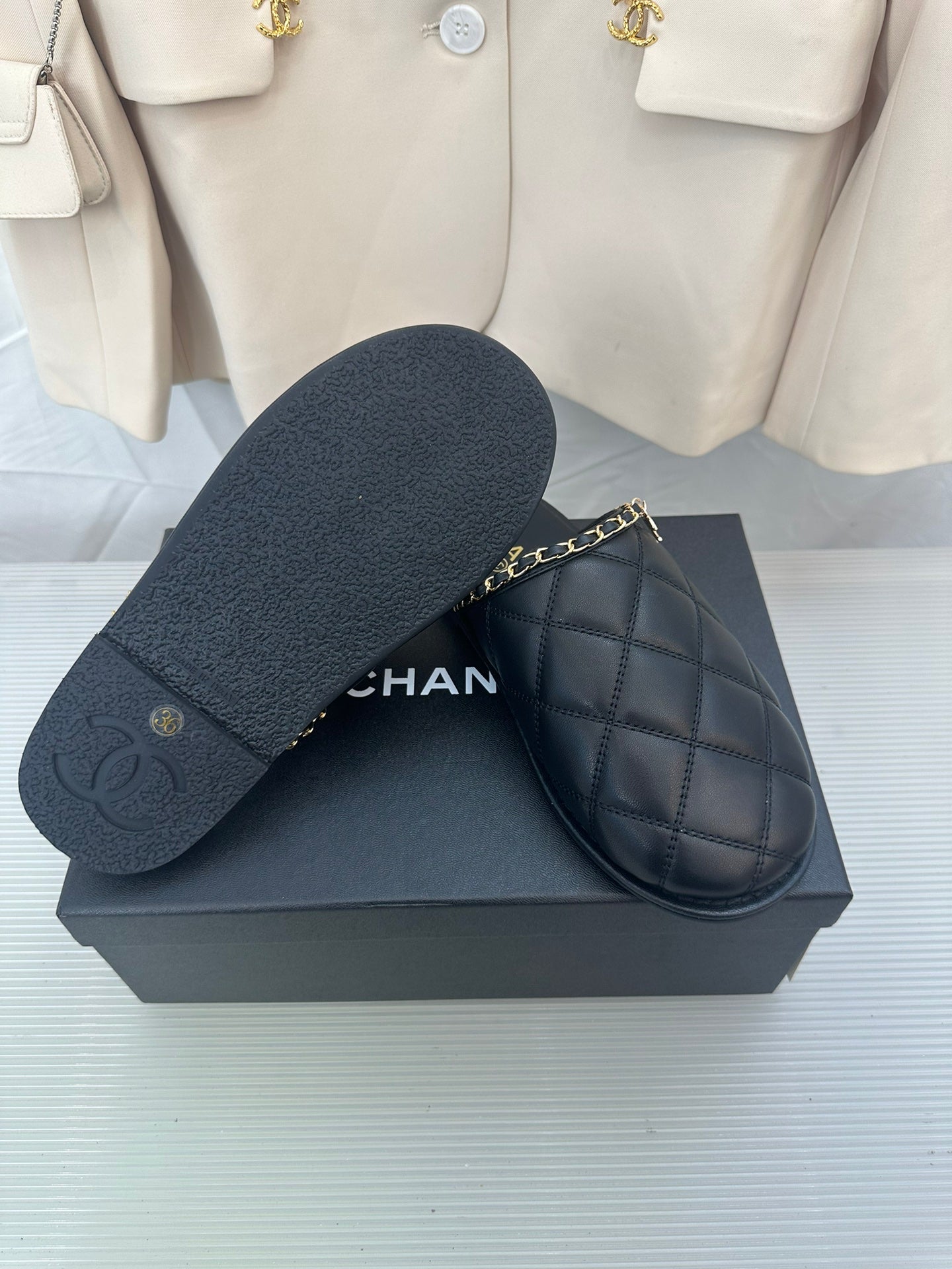 CHANEL Black Lambskin Gold Chain Mules