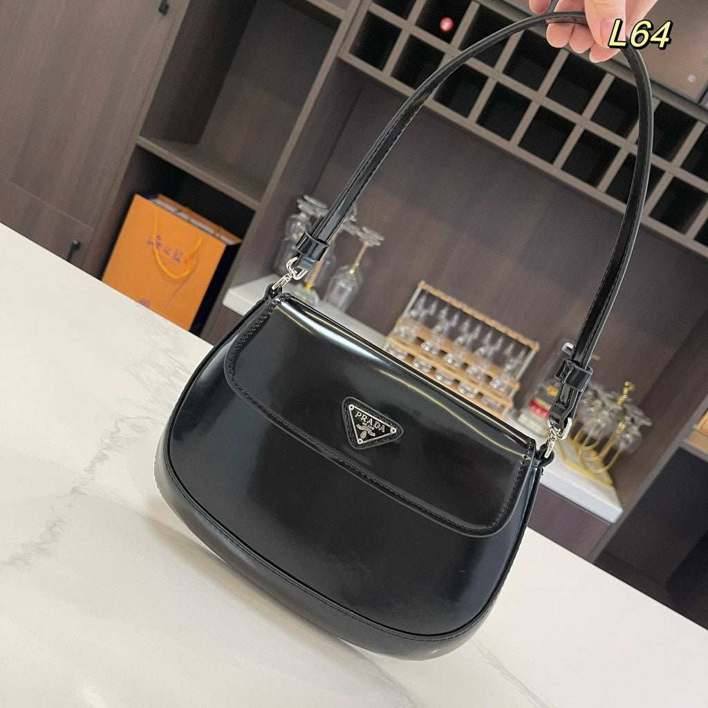 PRADA 25 CLEO FLAP SHOULDER BAG IN BLACK BRUSHED LEATHER