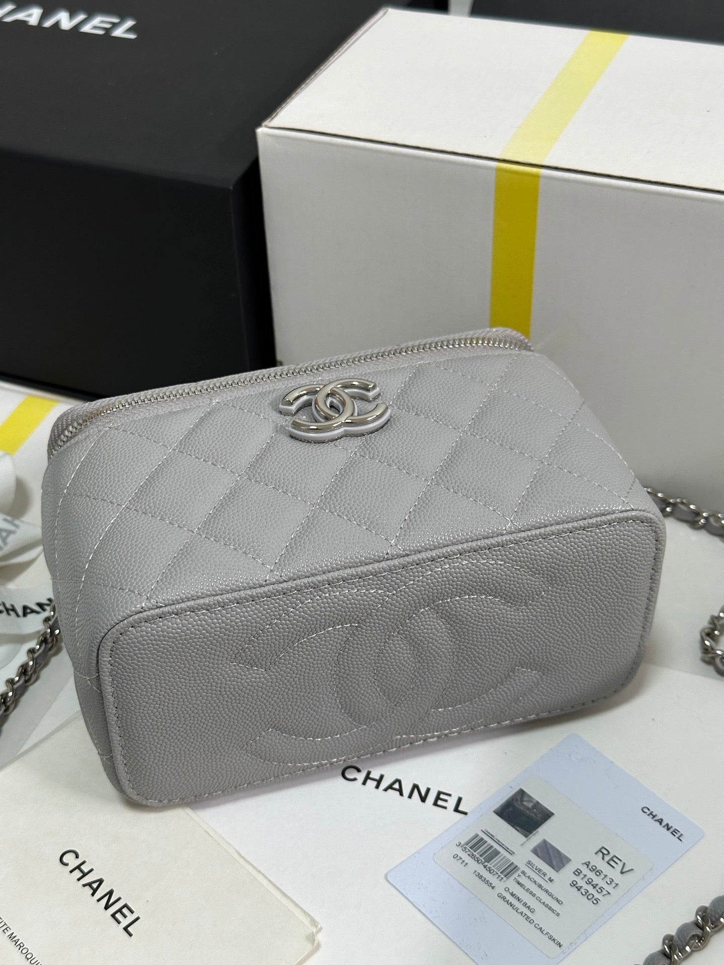 CHANEL MINI VANITY TOP HANDLE CASE 17 IN GREY CAVIAR SKIN SILVER-TONE PLATED METAL