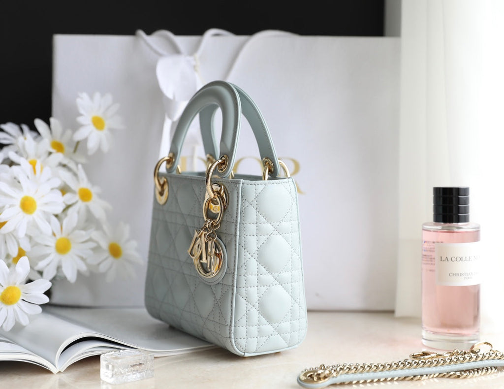DIOR LADY 17 IN LIGHT BLUE LAMBSKIN WITH CANNAGE PATTERN