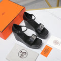 HERMES WEDGES SANDALS BLACK LAMBSKIN