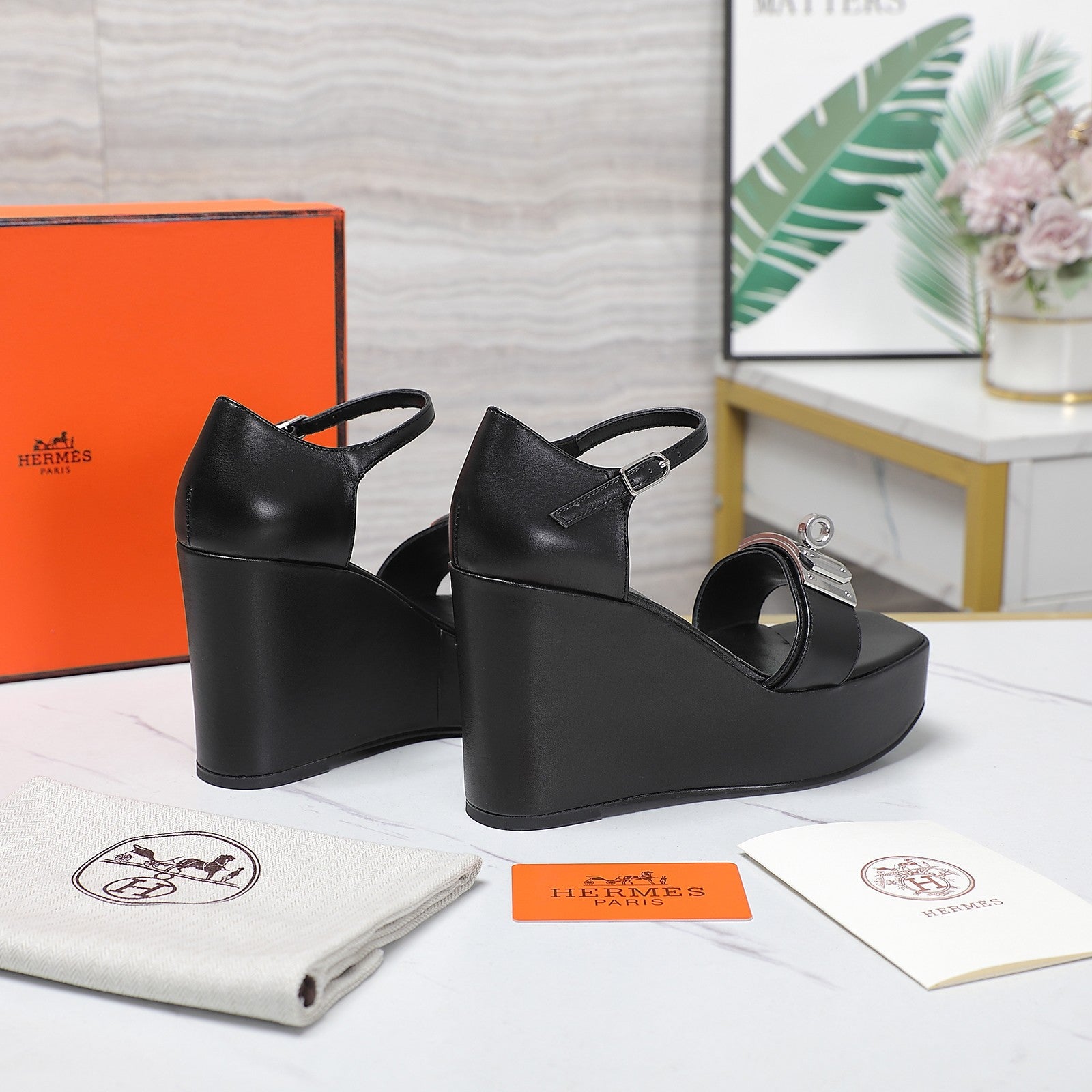 HERMES WEDGES SANDALS BLACK LAMBSKIN