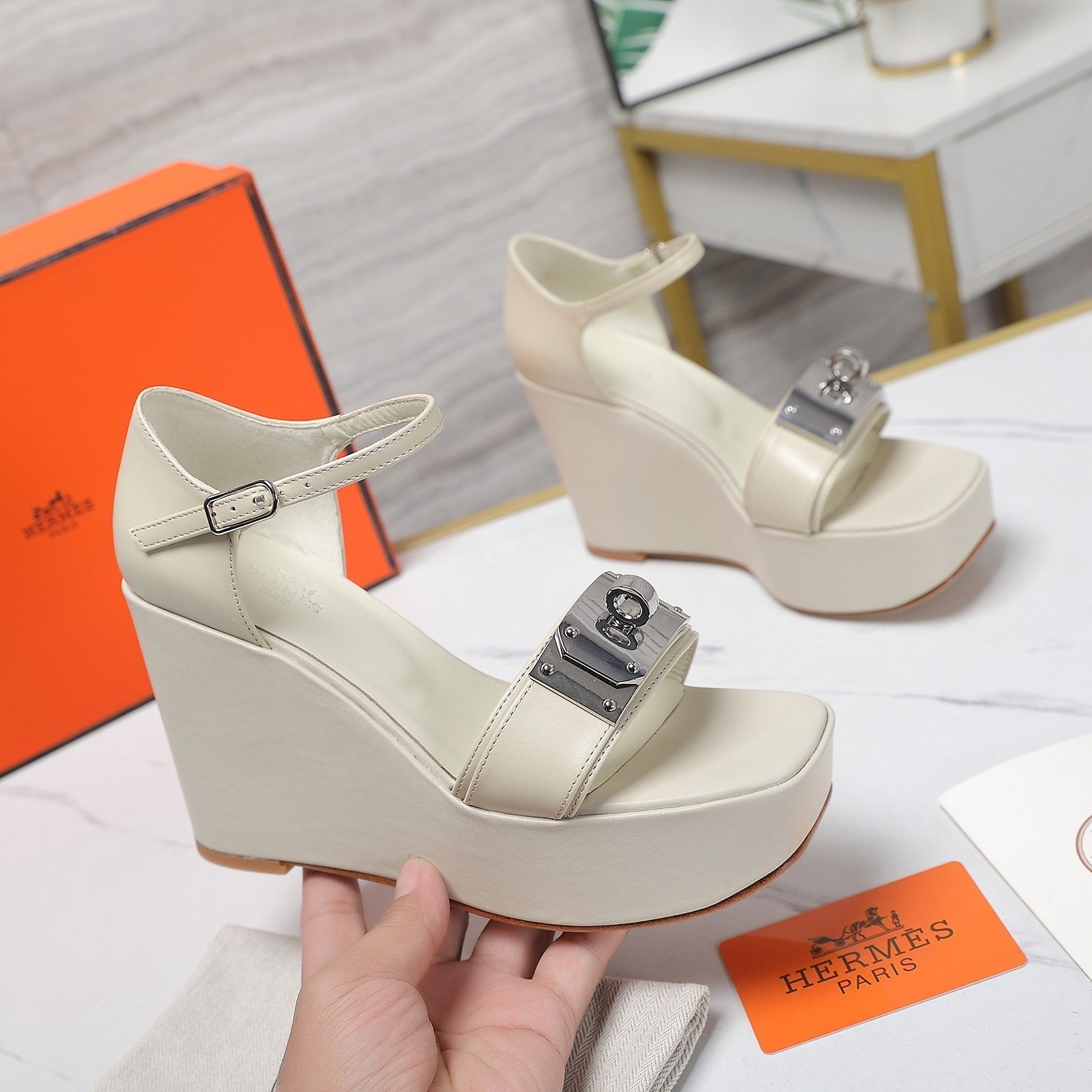 HERMES WEDGES SANDALS SNOW LAMBSKIN