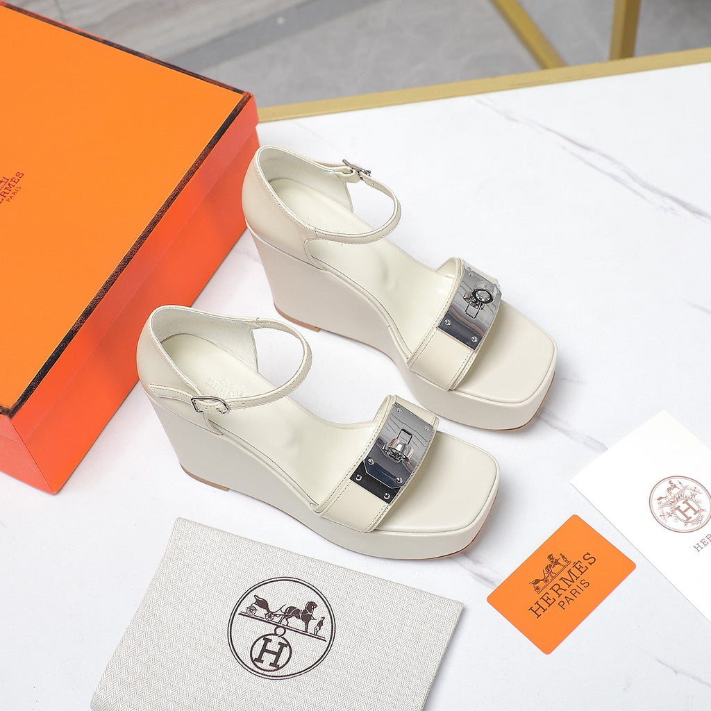 HERMES WEDGES SANDALS SNOW LAMBSKIN