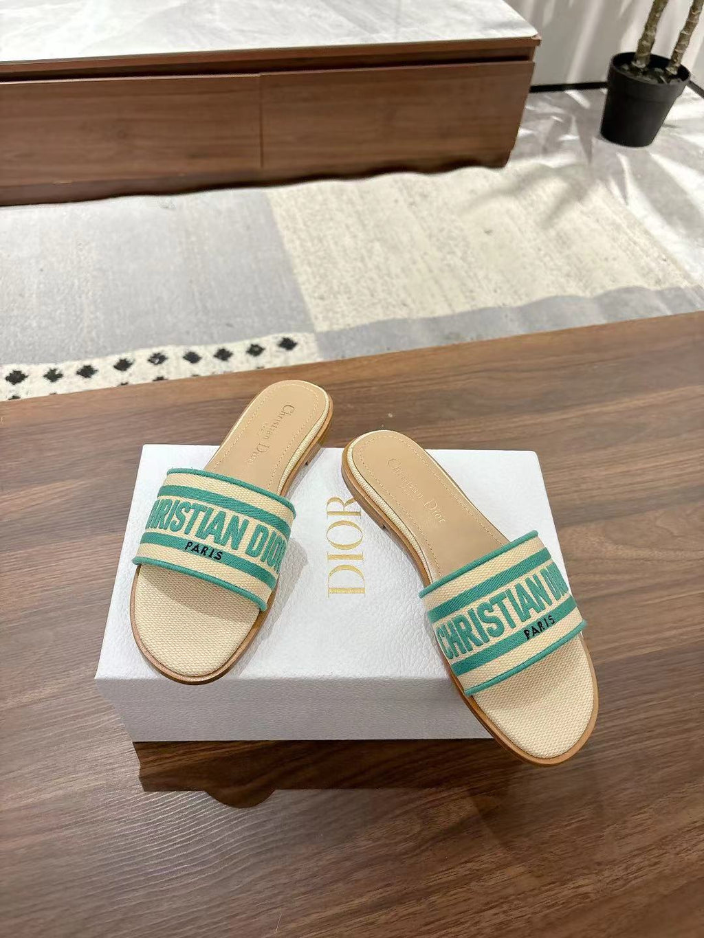 DIOR DWAY SLIDES IN BEIGE AND GREEN TECHNICAL FABRIC