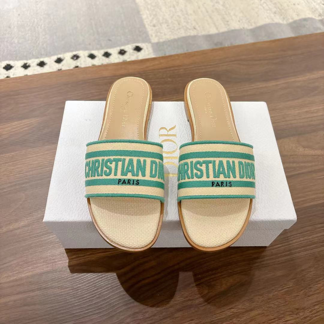 DIOR DWAY SLIDES IN BEIGE AND GREEN TECHNICAL FABRIC