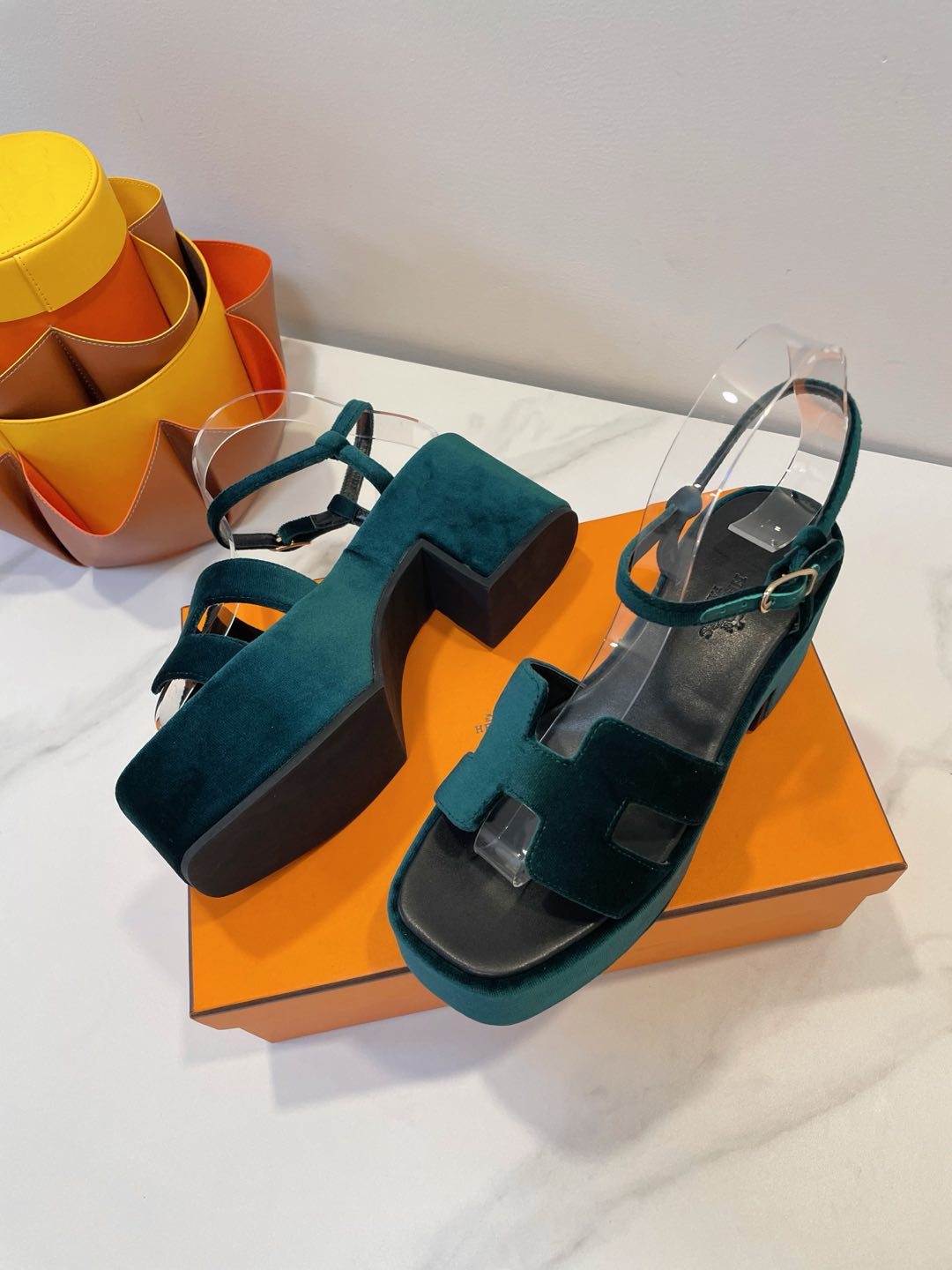HERMES JAM 30 SANDAL IN GREEN FOREST VELVET