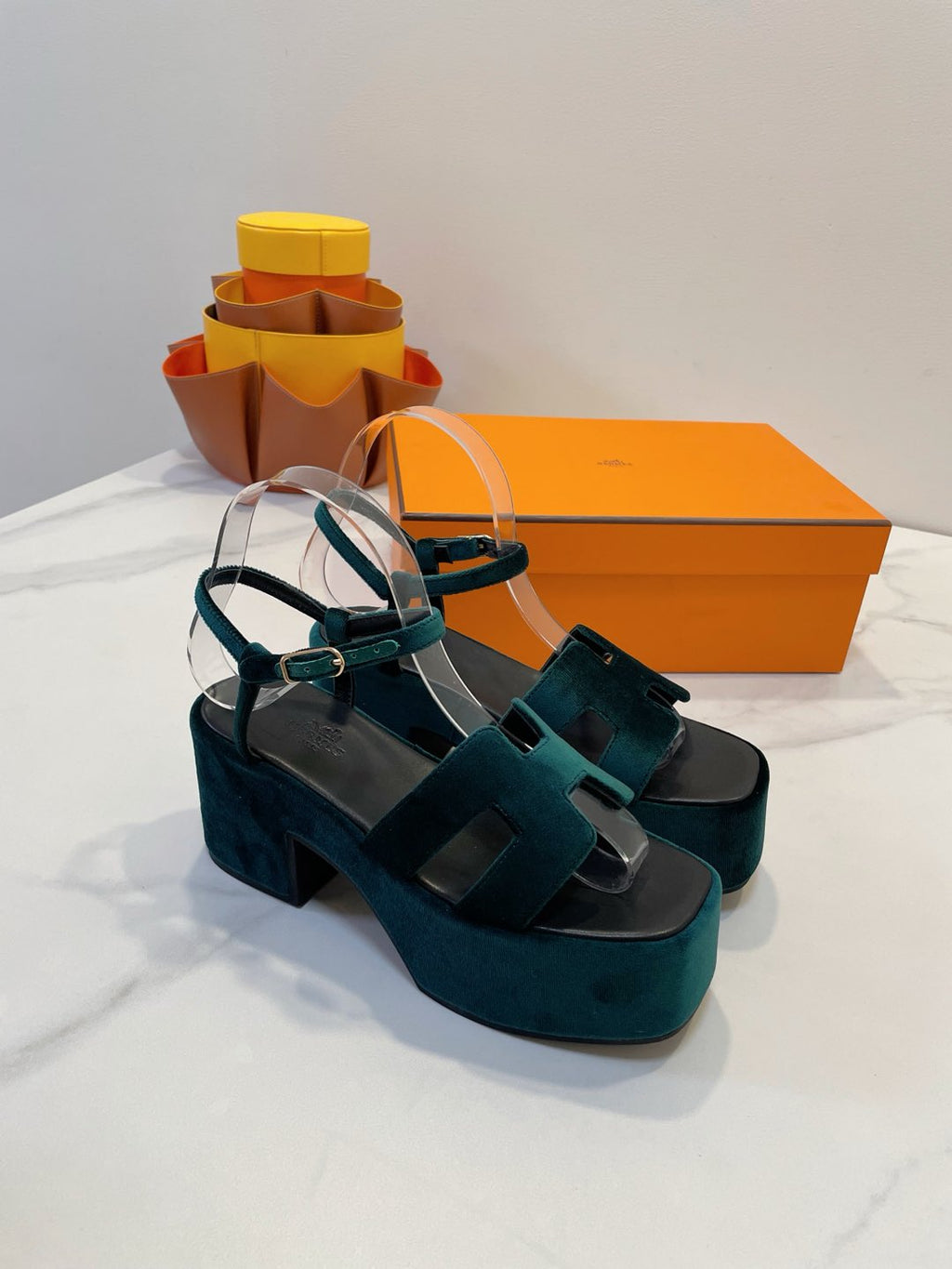 HERMES JAM 30 SANDAL IN GREEN FOREST VELVET