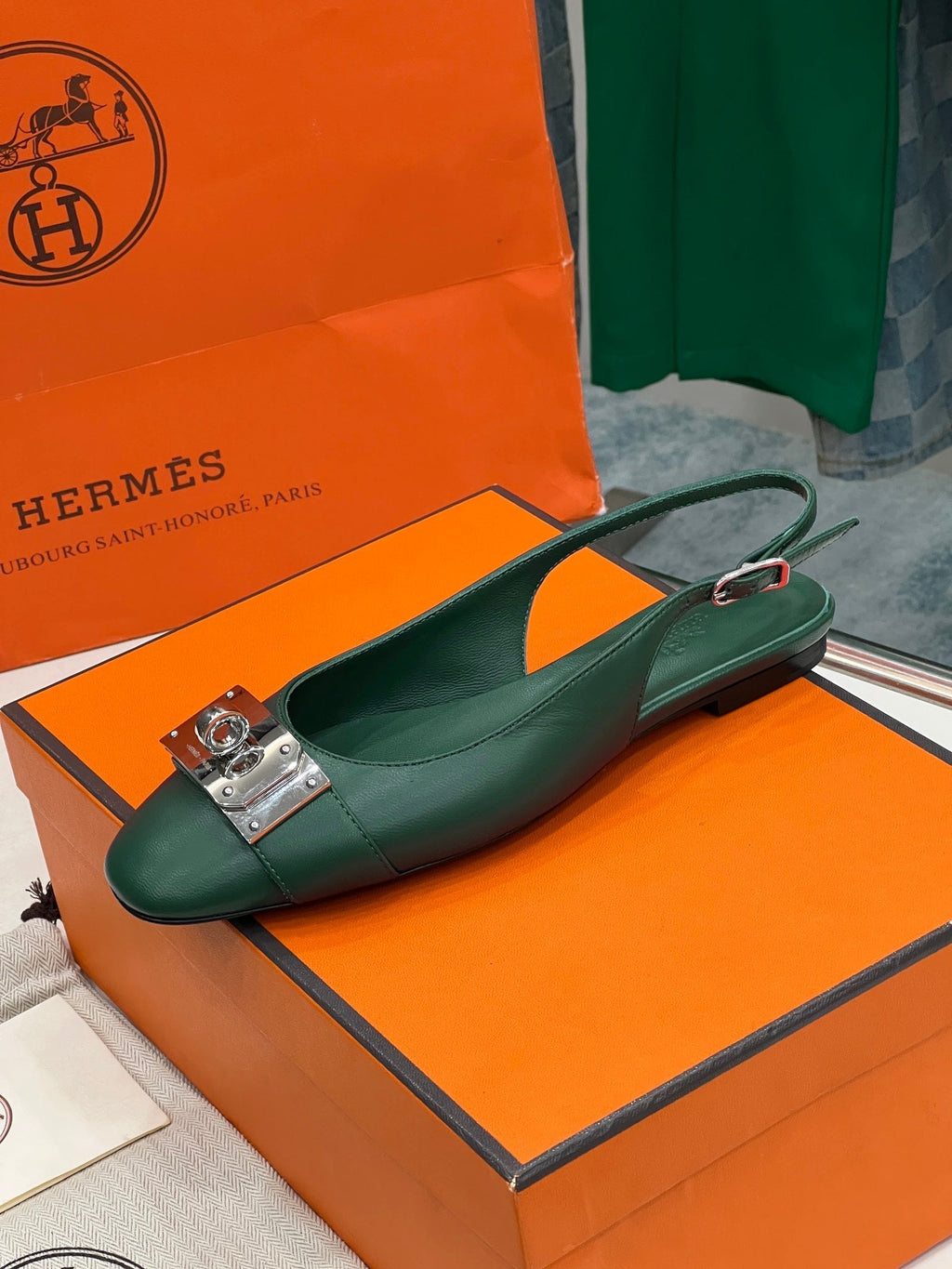 HERMES INNOCENTE SLINGBACK CASTLETON GREEN CALKSIN