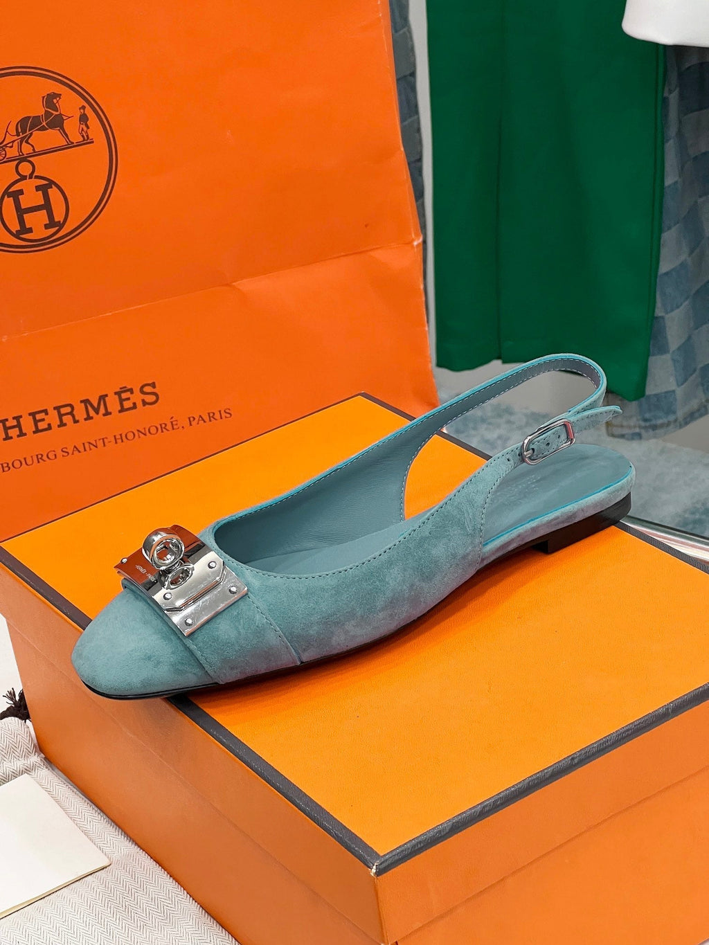 HERMES INNOCENTE SLINGBACK TEAL SUEDE