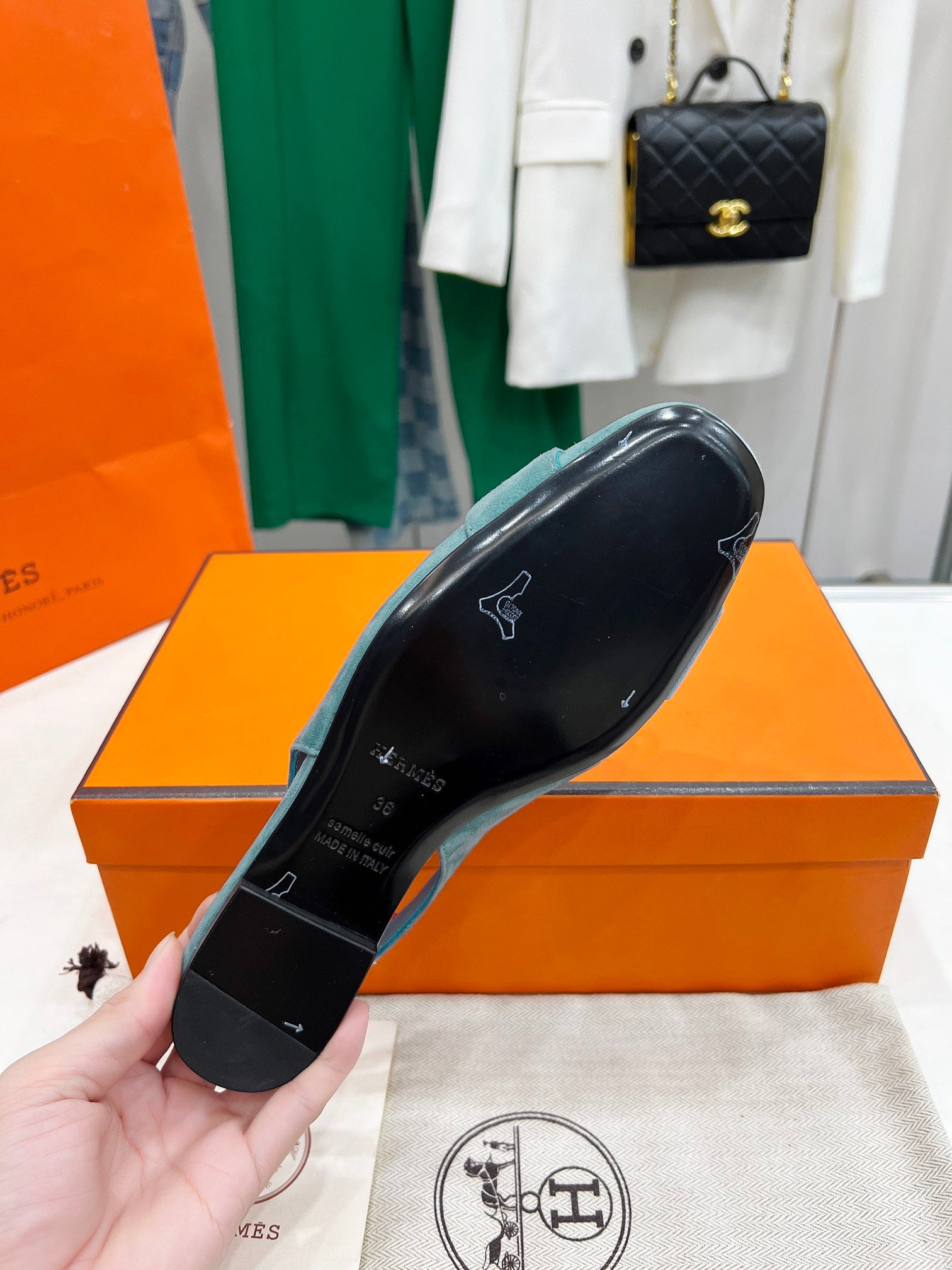 HERMES INNOCENTE SLINGBACK TEAL SUEDE