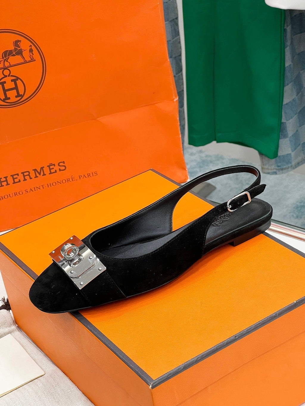 HERMES INNOCENTE SLINGBACK BLACK SUEDE