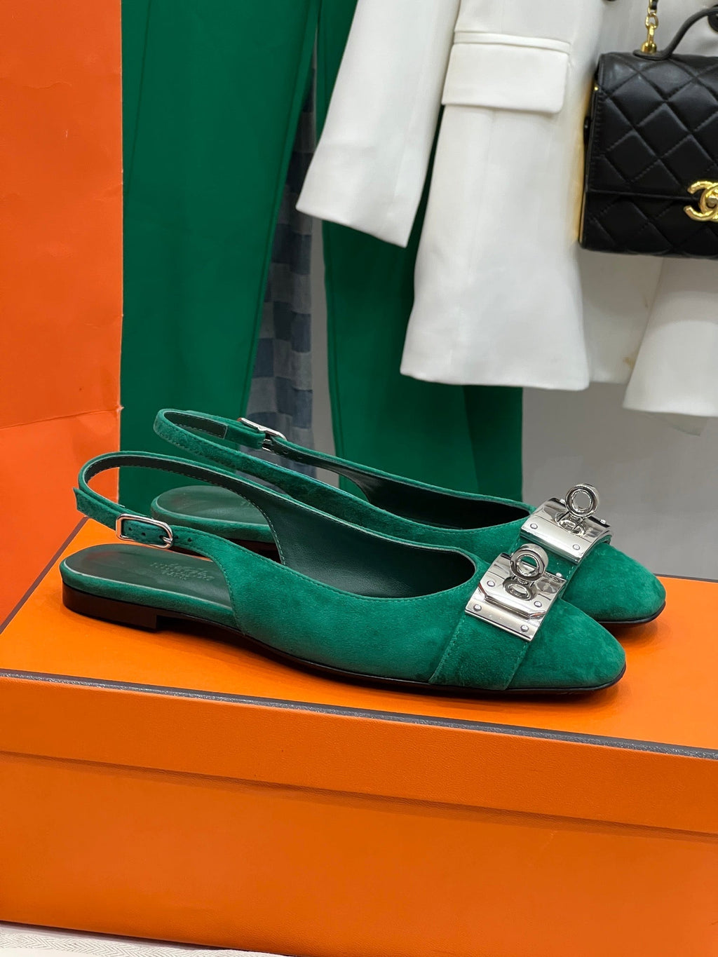 HERMES INNOCENTE SLINGBACK CASTLETON GREEN SUEDE