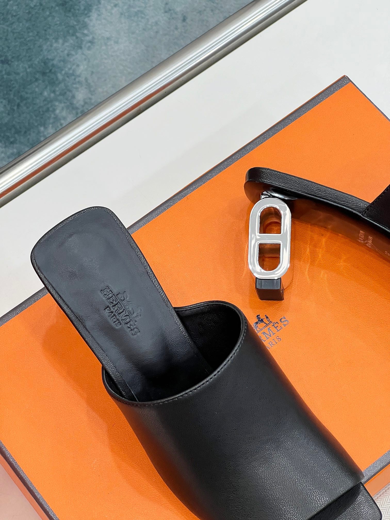 HERMES ICONIQUE 60 SANDAL IN BLACK CALFSKIN