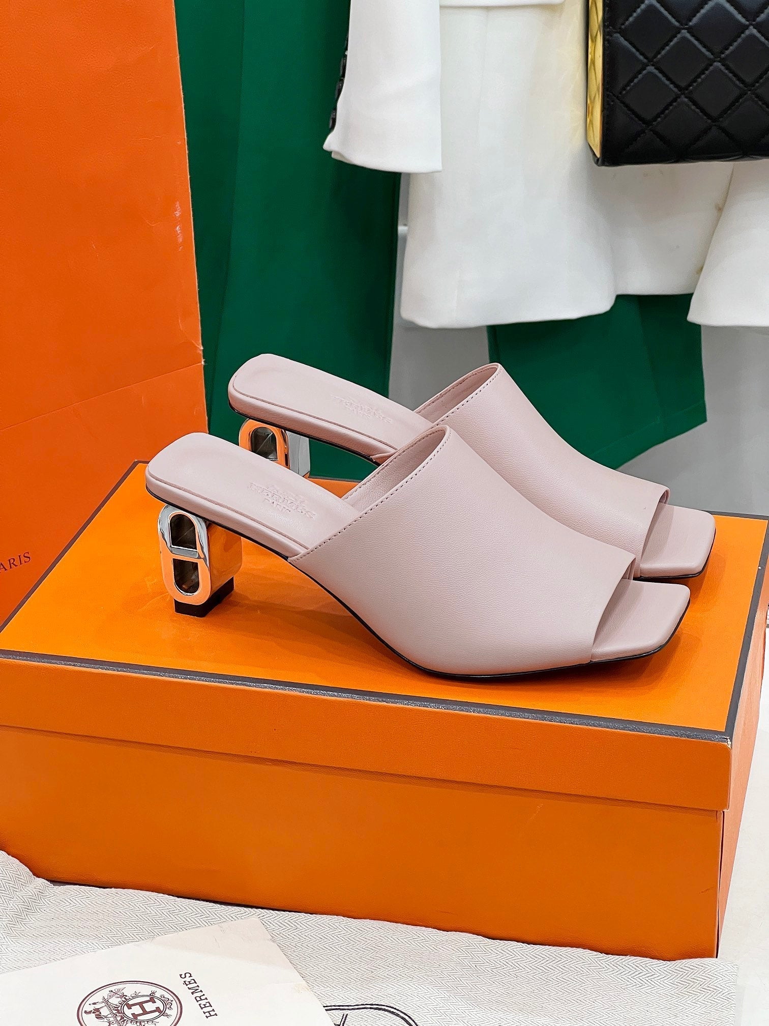 HERMES ICONIQUE 60 SANDAL IN BABY PINK CALFSKIN